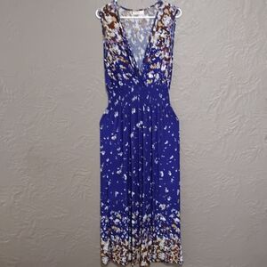 Seven Islands Wome'sWhite and Blue Plunge Neck Sleeveless Maxi Dress Size L